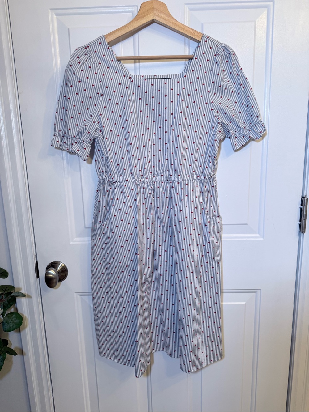 Gabby Isabella Light Blue and White Striped Midi Dress with Red Dot Print